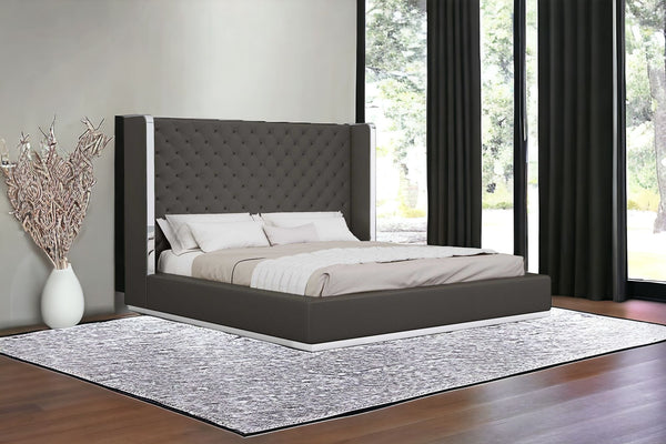 Homeroots King Tufted Dark Gray And Gray Upholstered Faux Leather Bed Dark Gray Faux Leather 374143