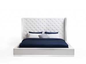 Homeroots White Stainless Steel And Tufted Faux Leather Bed Frame White Faux Leather 374144