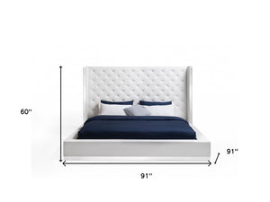 Homeroots White Stainless Steel And Tufted Faux Leather Bed Frame White Faux Leather 374144