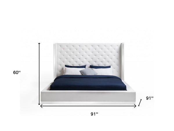 Homeroots White Stainless Steel And Tufted Faux Leather Bed Frame White Faux Leather 374144
