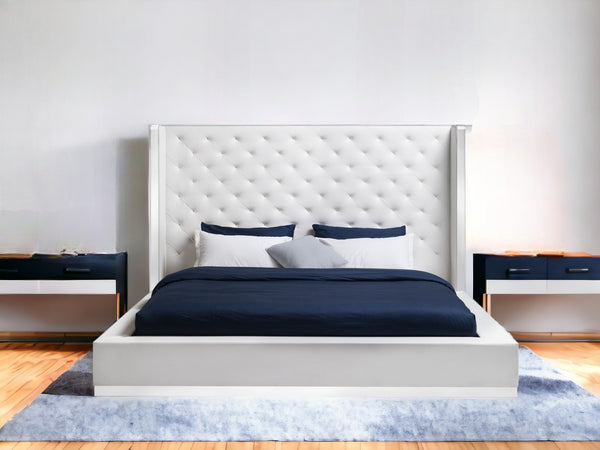 Homeroots White Stainless Steel And Tufted Faux Leather Bed Frame White Faux Leather 374144