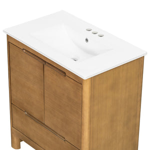 English Elm [video] 30 Inch Freestanding Bathroom Vanity Pine Legs Ceramic Sink Soft Close Storage Natural N759P412928N