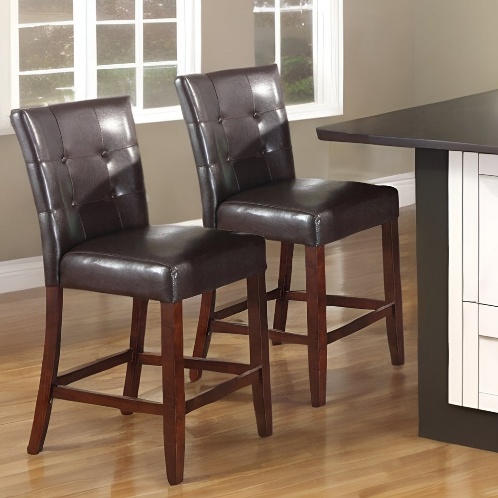 HomeRoots Set of Two Stylish Espresso Faux Leather Bar Chairs with Durable Wood Frame for Modern Spaces 374161