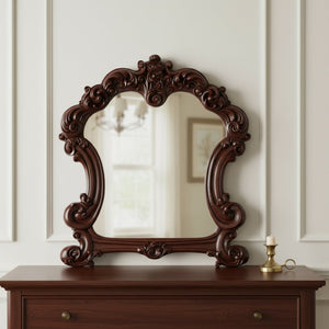 HomeRoots 45" Brown Crowned Top Solid Wood Framed Mirror - Elegant Antique Style for Timeless Bedroom Decor 374176