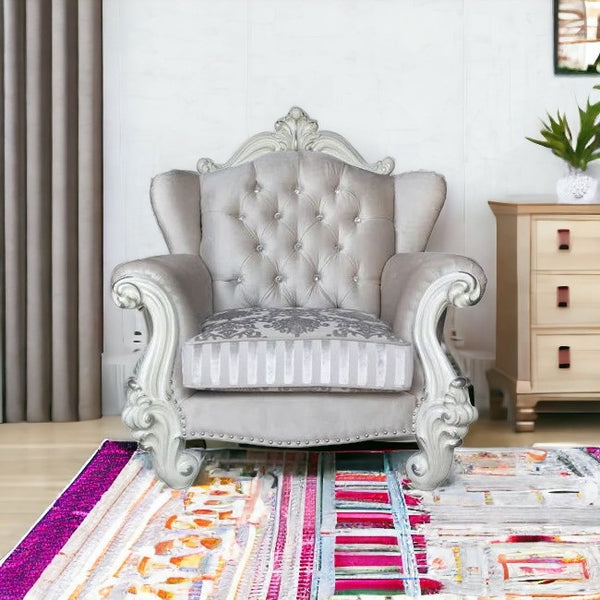 Homeroots 44" Ivory And Antiqued White Fabric Damask Tufted Chair And A Half And Toss Pillows   374182