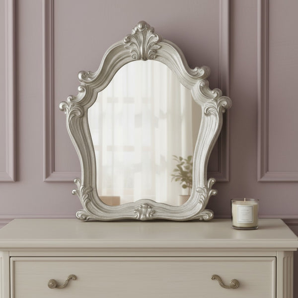 HomeRoots 47" Elegant Antique-Inspired Dresser Mirror with Sculpted Silver-Accented Frame for Timeless Style Bone White 374191