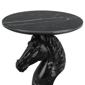 English Elm Horse Head Sculpted Resin End Table with Faux Marble Top for Bold Living Rooms Black W5398P454679