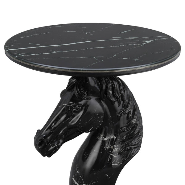 English Elm Horse Head Sculpted Resin End Table with Faux Marble Top for Bold Living Rooms Black W5398P454679