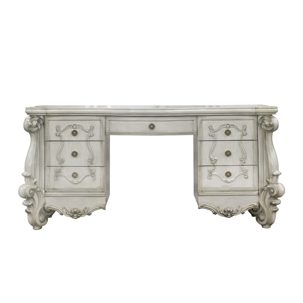 HomeRoots 67" Elegant Antiqued White Wood Vanity Table with Seven Drawers for Stylish Organization & Beauty Routines Bone White 374208