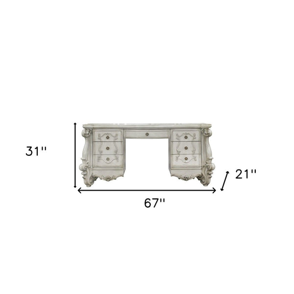 Homeroots 67" Antiqued White Wood Vanity Table - Seven Spacious Drawers For Effortless Beauty Organization! Bone White  374208