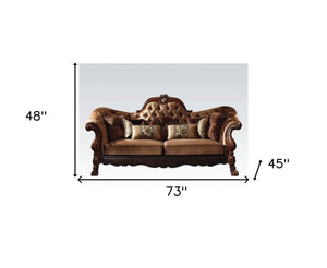 Homeroots 73" Dark Brown And Brown Velvet Loveseat And Toss Pillows   374216