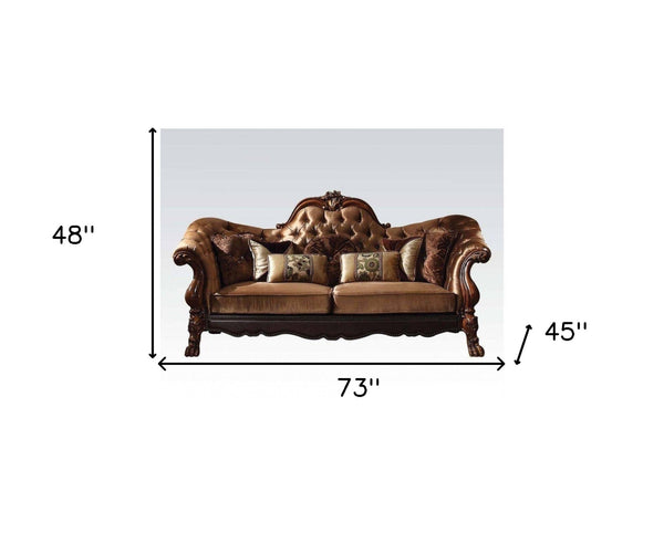 Homeroots 73" Dark Brown And Brown Velvet Loveseat And Toss Pillows   374216