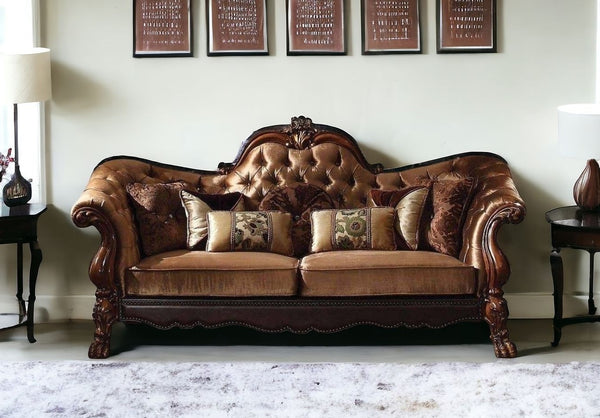 Homeroots 73" Dark Brown And Brown Velvet Loveseat And Toss Pillows   374216