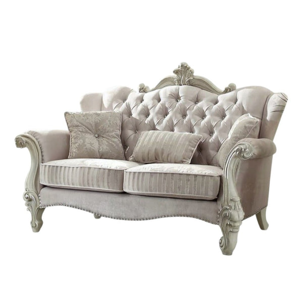 HomeRoots 69" Chesterfield Loveseat with Elegant Button-Tufting and Plush Toss Pillows for Timeless Style Ivory 374220