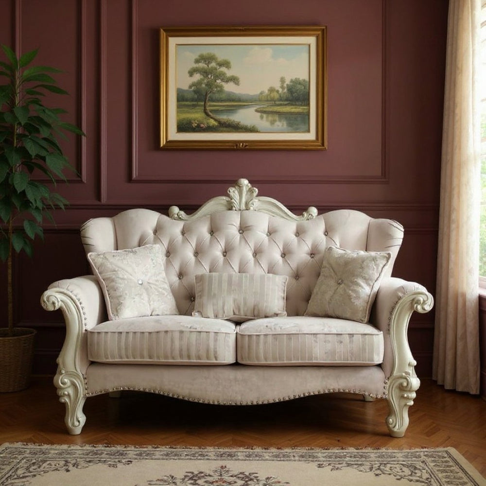 HomeRoots 69" Chesterfield Loveseat with Elegant Button-Tufting and Plush Toss Pillows for Timeless Style Ivory 374220