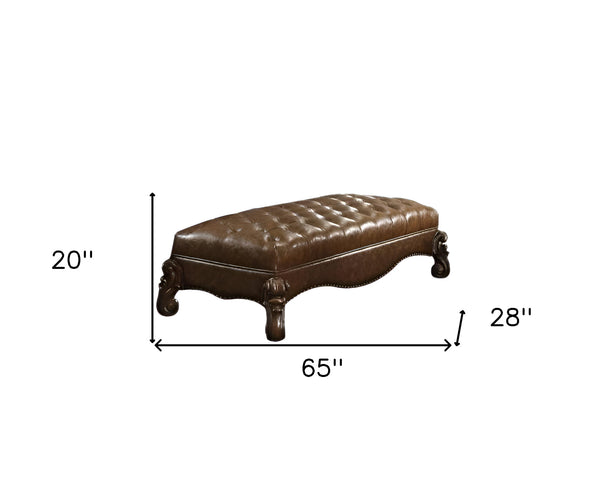 Homeroots 65" Brown Tufted Faux Leather Upholstered Bench  Solid Wood 374227