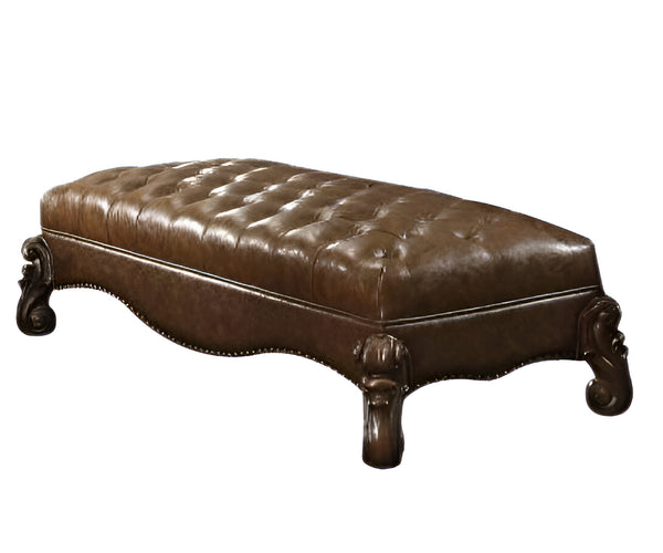 Homeroots 65" Brown Tufted Faux Leather Upholstered Bench  Solid Wood 374227