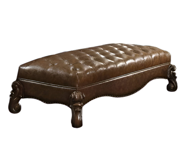 Homeroots 65" Brown Tufted Faux Leather Upholstered Bench  Solid Wood 374227