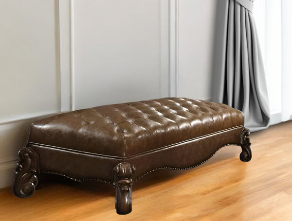 Homeroots 65" Brown Tufted Faux Leather Upholstered Bench  Solid Wood 374227
