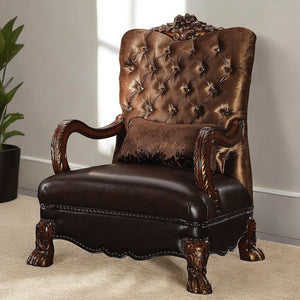 Homeroots 34" Golden Brown And Mahogany Velvet Tufted Arm Chair And Toss Pillow Golden Brown  374230