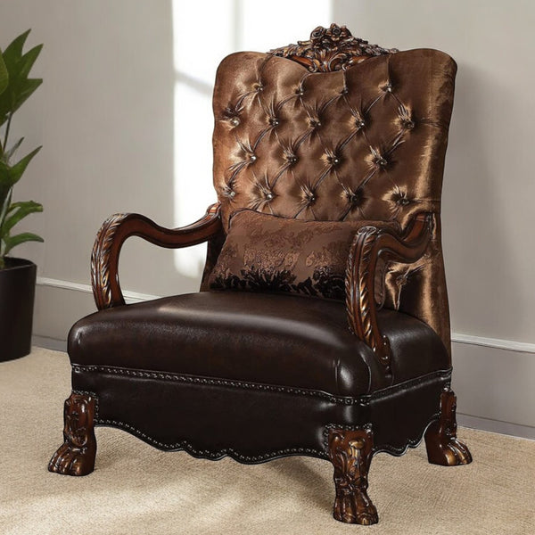 Homeroots 34" Golden Brown And Mahogany Velvet Tufted Arm Chair And Toss Pillow Golden Brown  374230