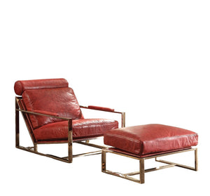 Homeroots 29" Red And Gold Top Grain Leather Lounge Chair With Ottoman   374237