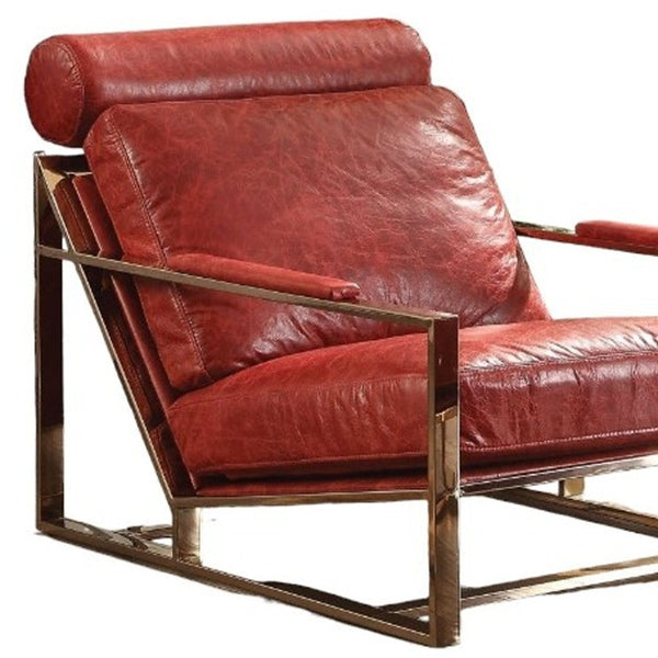 Homeroots 29" Red And Gold Top Grain Leather Lounge Chair With Ottoman   374237