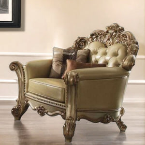 Homeroots 48" Bone And Gold Faux Leather Tufted Chair And A Half And Toss Pillows   374239