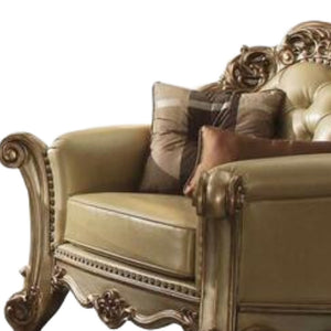 Homeroots 48" Bone And Gold Faux Leather Tufted Chair And A Half And Toss Pillows   374239