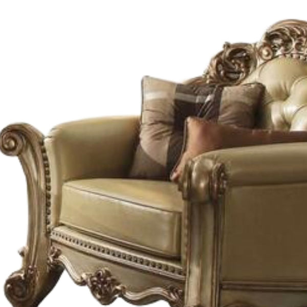 Homeroots 48" Bone And Gold Faux Leather Tufted Chair And A Half And Toss Pillows   374239