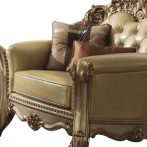 Homeroots 48" Bone And Gold Faux Leather Tufted Chair And A Half And Toss Pillows   374239