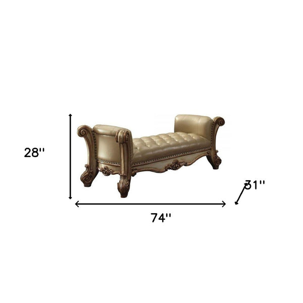Homeroots 74" Bone And Gold Tufted Faux Leather Upholstered Bench Bone  374241