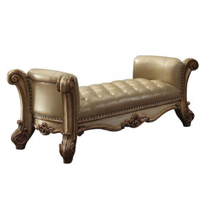 Homeroots 74" Bone And Gold Tufted Faux Leather Upholstered Bench Bone  374241