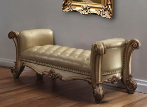 Homeroots 74" Bone And Gold Tufted Faux Leather Upholstered Bench Bone  374241