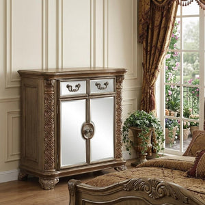 55 Inch Gold Solid Wood Dresser with Ornate Scrollwork and Two Spacious Drawers