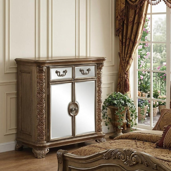55 Inch Gold Solid Wood Dresser with Ornate Scrollwork and Two Spacious Drawers