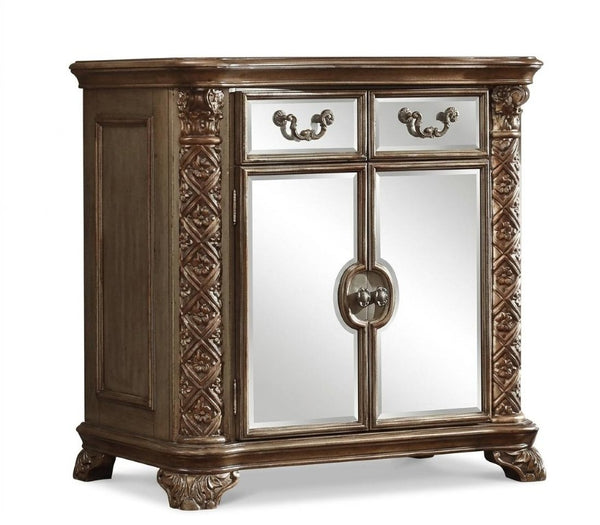 HomeRoots 55 Inch Gold Solid Wood Dresser with Ornate Scrollwork and Two Spacious Drawers 374243