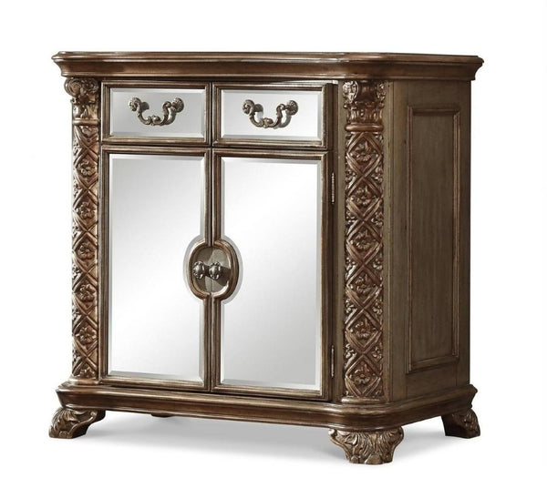 55 Inch Gold Solid Wood Dresser with Ornate Scrollwork and Two Spacious Drawers