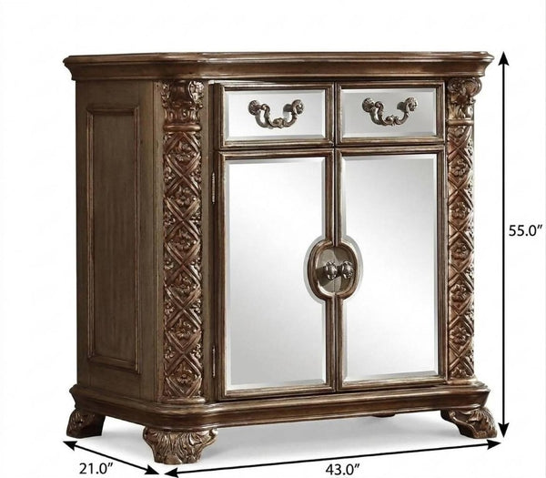 55 Inch Gold Solid Wood Dresser with Ornate Scrollwork and Two Spacious Drawers