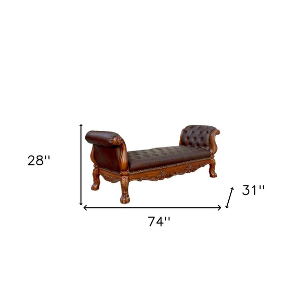 Homeroots 74" Brown And Dark Brown Upholstered Faux Leather Bench Cherry Manufactured Wood 374245
