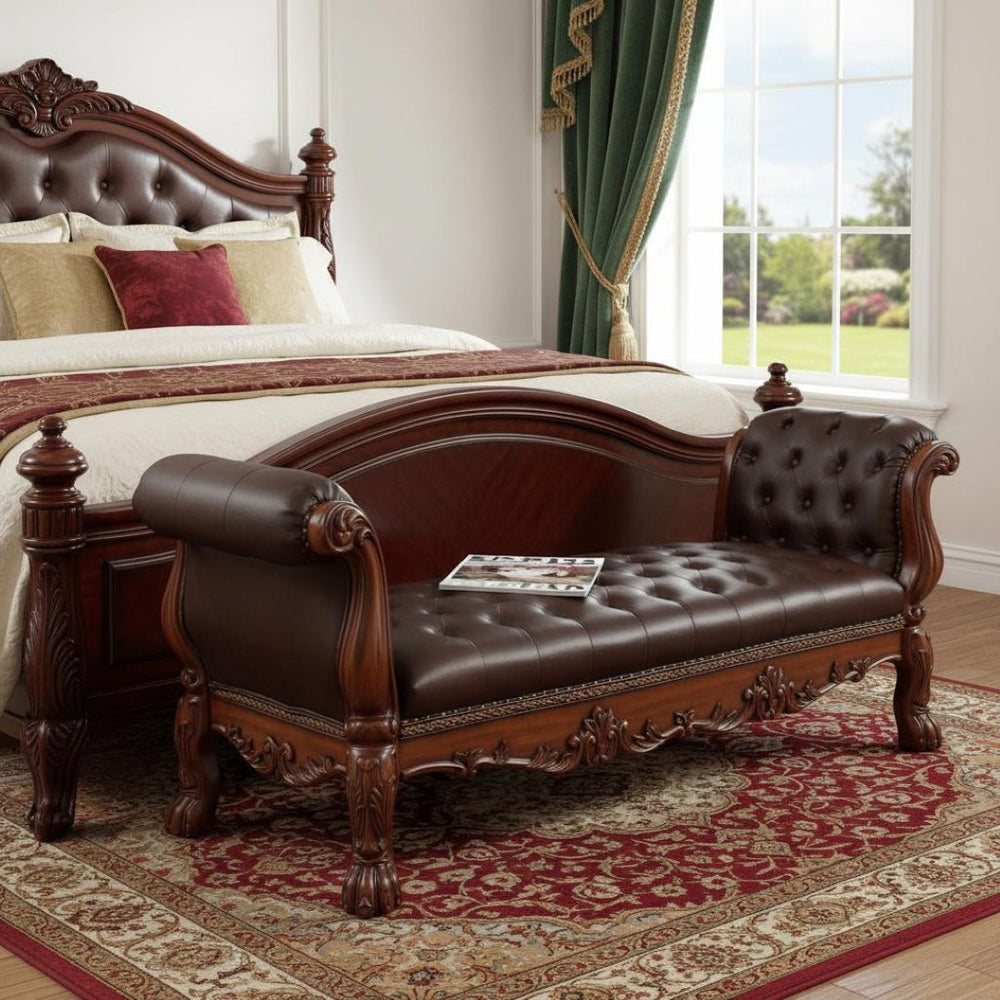 HomeRoots 74" Elegant Tufted Faux Leather Upholstered Bench with Gold Legs for Stylish Living Room Seating Cherry 374245