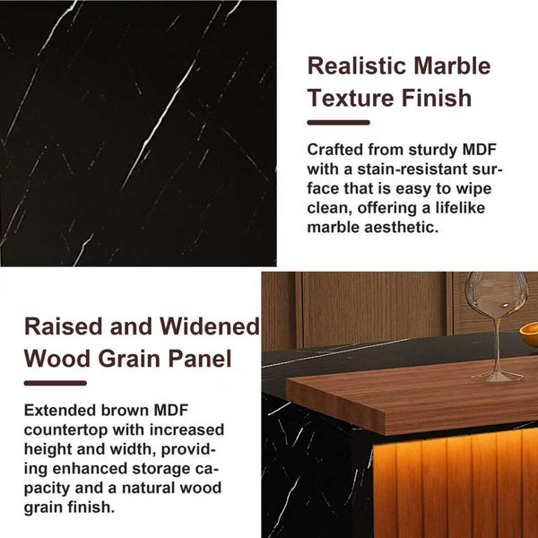 English Elm 63-Inch Modern Kitchen Island Set With 4 Bar Stools, Black Marble Surface & Led Lighting For Dining W2699S00067