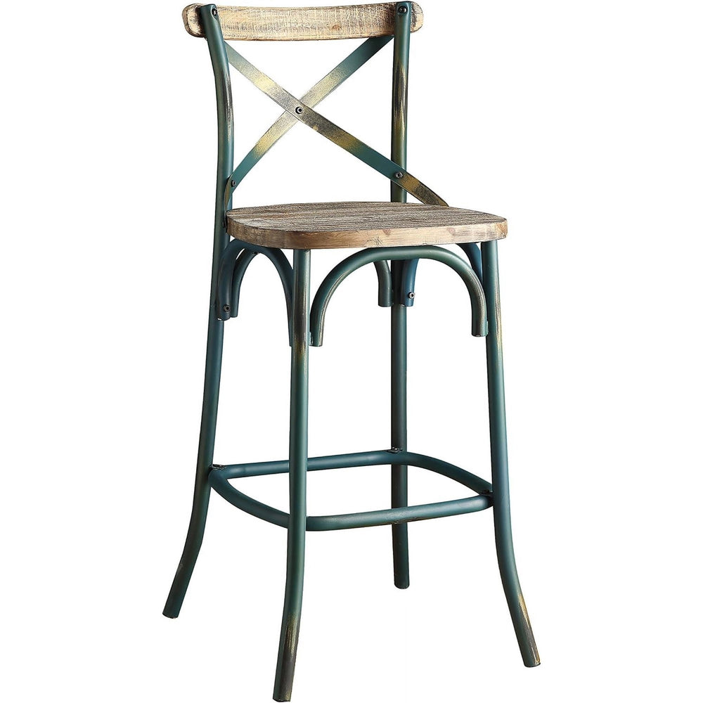 Homeroots 21" Brown And Turquoise Solid Wood And Metal Bar Chair Antique Turquoise & Antique Oak  374253