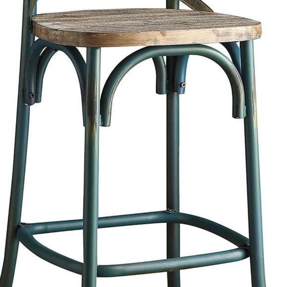 Homeroots 21" Brown And Turquoise Solid Wood And Metal Bar Chair Antique Turquoise & Antique Oak  374253