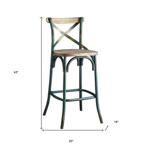 Homeroots 21" Brown And Turquoise Solid Wood And Metal Bar Chair Antique Turquoise & Antique Oak  374253