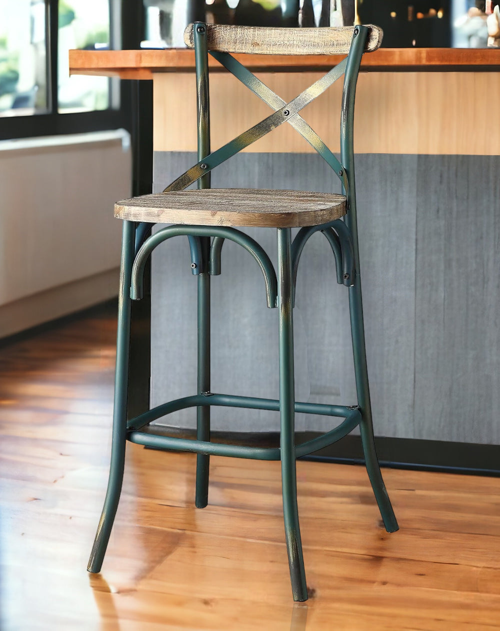 Homeroots 21" Brown And Turquoise Solid Wood And Metal Bar Chair Antique Turquoise & Antique Oak  374253