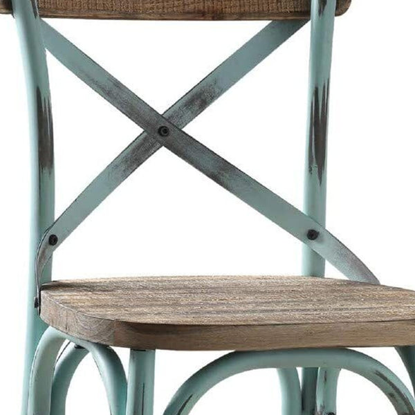 Homeroots 21" Brown And Sky Blue Iron Bar Chair Antique Sky & Antique Oak  374263