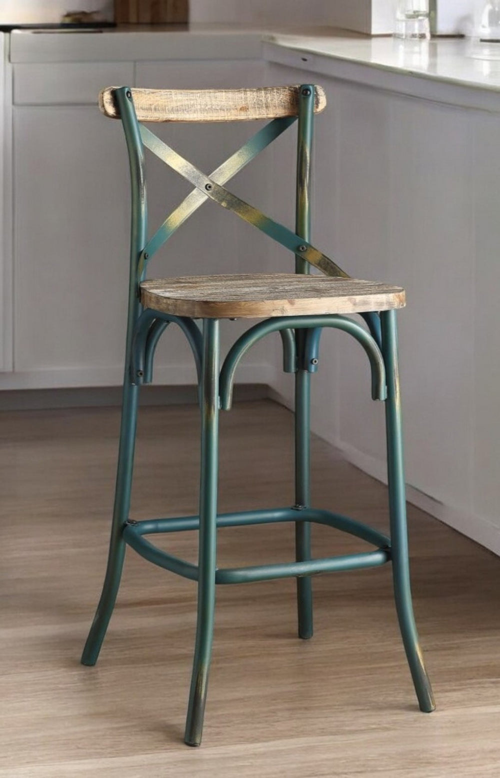 HomeRoots 21" Vibrant Turquoise and Brown Solid Wood Bar Chair with Full Back for Comfort and Style Antique Sky & Antique Oak 374263