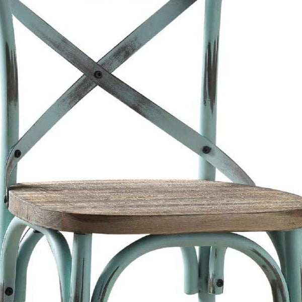 Homeroots 21" Brown And Sky Blue Iron Bar Chair Antique Sky & Antique Oak  374263