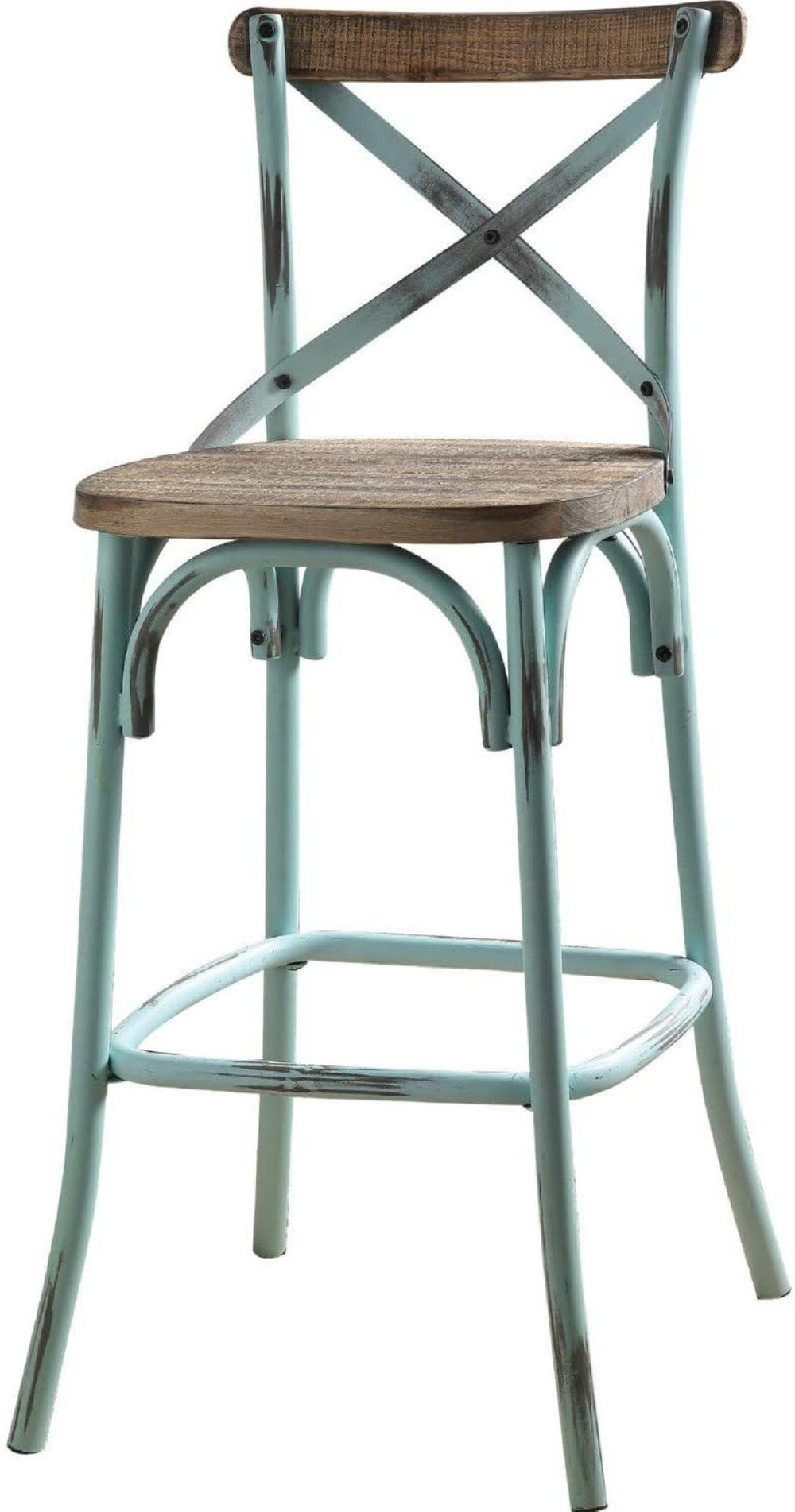 HomeRoots 21" Vibrant Turquoise and Brown Solid Wood Bar Chair with Full Back for Comfort and Style Antique Sky & Antique Oak 374263